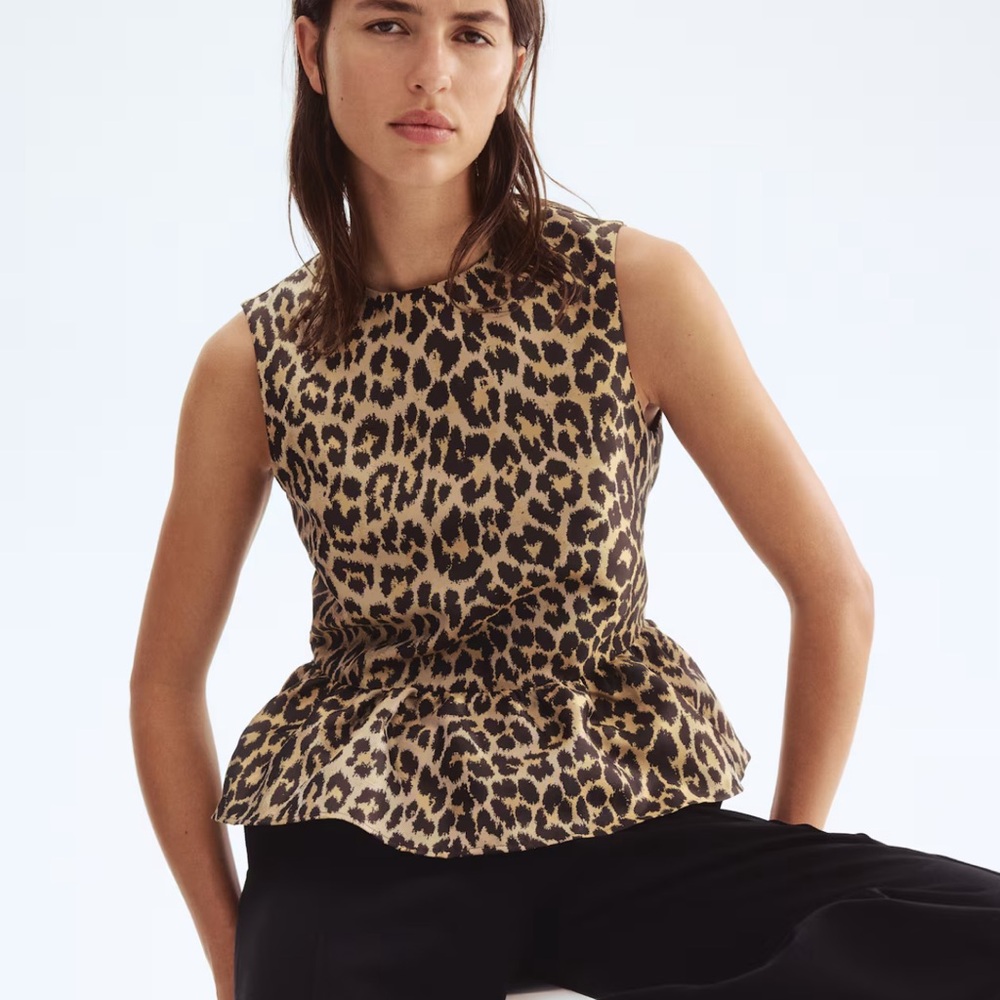 H&M Jacquard-wave Leopard Peplum Top - Brown/Black
